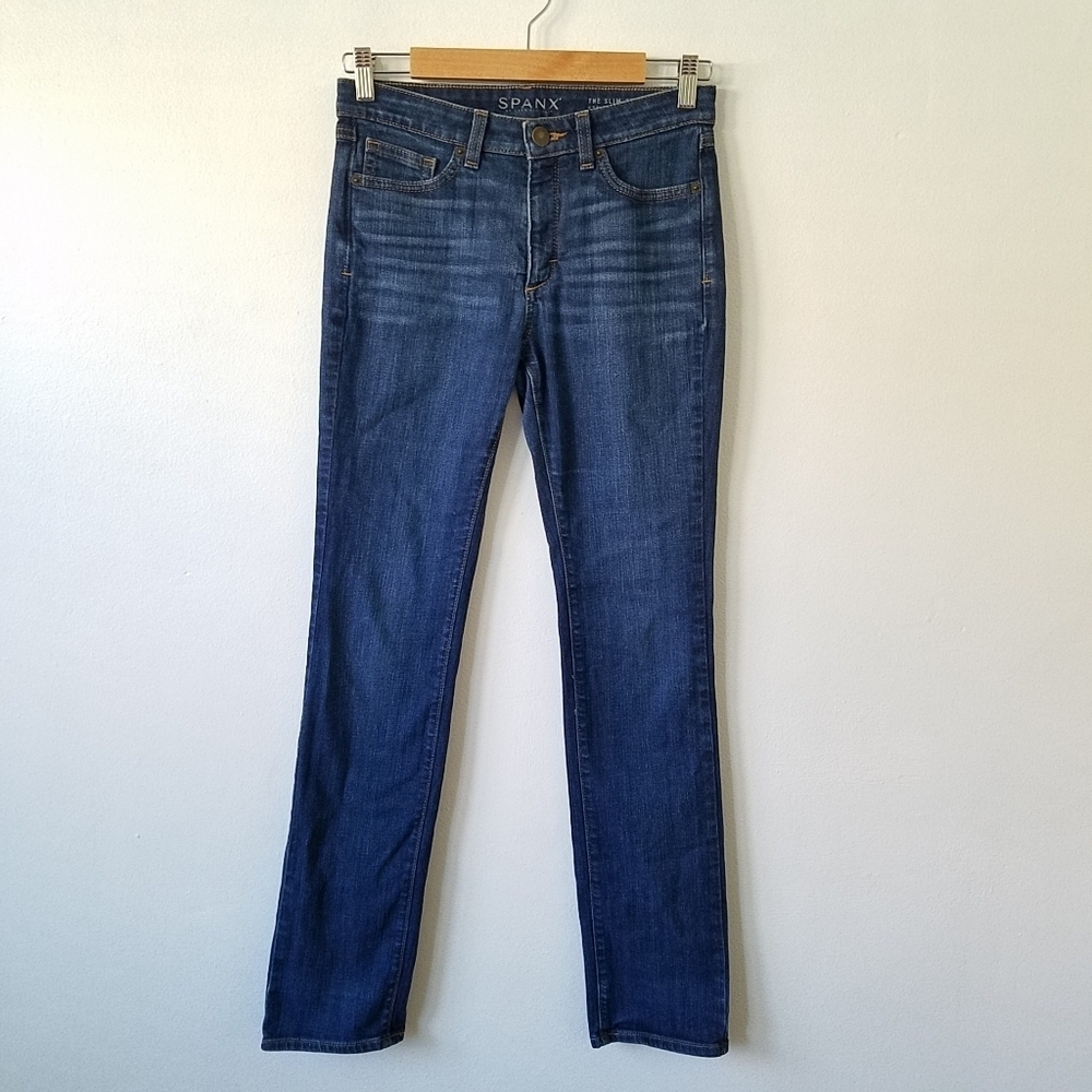 Spanx The Slim-X Straight Blue Midrise Dark Wash Denim Size 27 - Picture 2 of 12